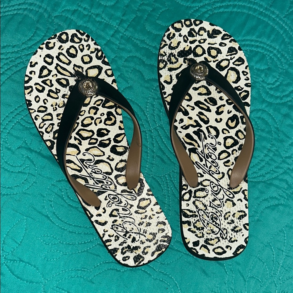 Brighton Leopard Print Women's Flip Flops - Black & Tan Straps